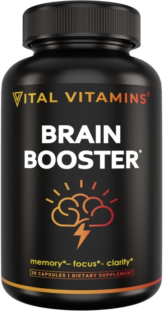 Vital Vitamins Brain Supplements for Memory and Focus – Nootropic Brain Booster with Bacopa Monnieri, Ginkgo Biloba, Rhodiola – Caffeine-Free Support for Adults & Seniors – 30-Day Supply, 30 Capsules