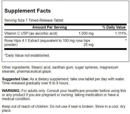 Swanson Timed-Release Vitamin C with Rose HIPS Immune System Support Skin Cardiovascular Health Antioxidant Supplement 1000 mg 250 Tablets