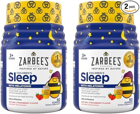 Zarbee's Children's Sleep Gummies with Melatonin, Non-Habit Forming Children's Sleep Gummies Work with Natural Sleep Cycles to Promote Peaceful Sleep, Drug-Free, Natural Strawberry, 60 ct (Pack of 2)