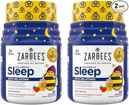 Zarbee's Children's Sleep Gummies with Melatonin, Non-Habit Forming Children's Sleep Gummies Work with Natural Sleep Cycles to Promote Peaceful Sleep, Drug-Free, Natural Strawberry, 60 ct (Pack of 2)