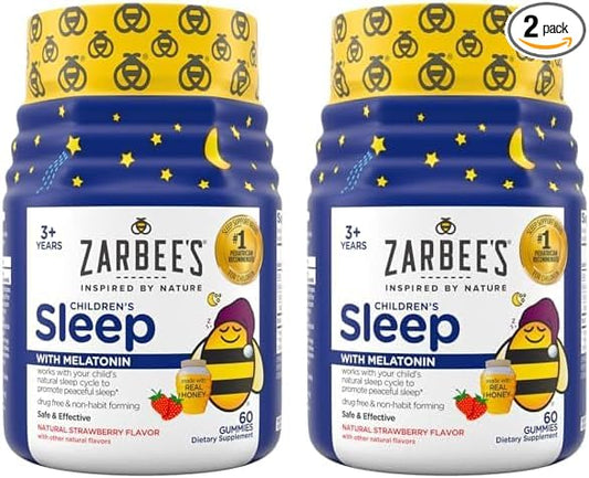 Zarbee's Children's Sleep Gummies with Melatonin, Non-Habit Forming Children's Sleep Gummies Work with Natural Sleep Cycles to Promote Peaceful Sleep, Drug-Free, Natural Strawberry, 60 ct (Pack of 2)