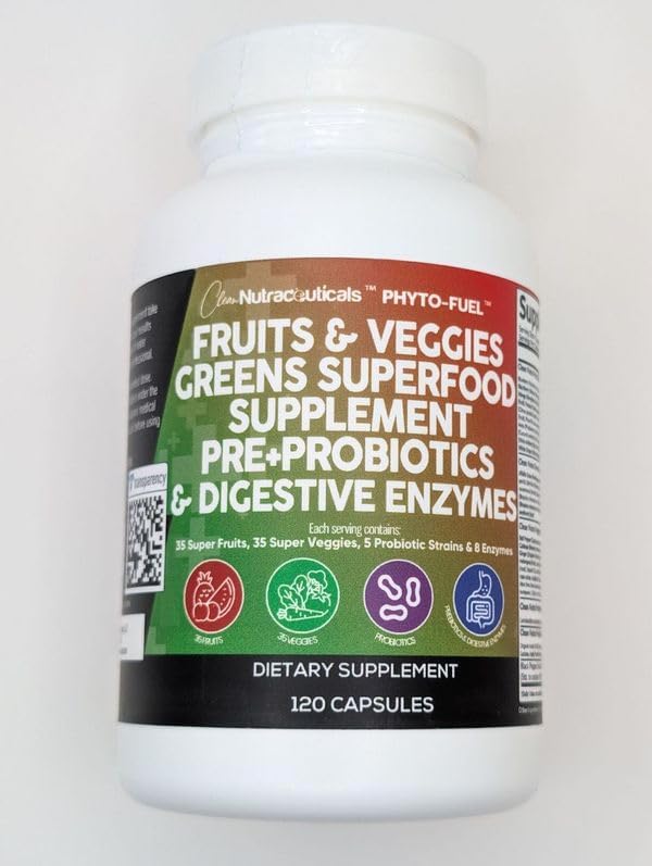 Clean Nutraceuticals Fruits and Veggies Supplement Reds & Green Superfood - Balance of Over 70 Fruit & Vegetable Supplements Capsules with Probiotics Prebiotics Digestive Enzymes - 2Pack