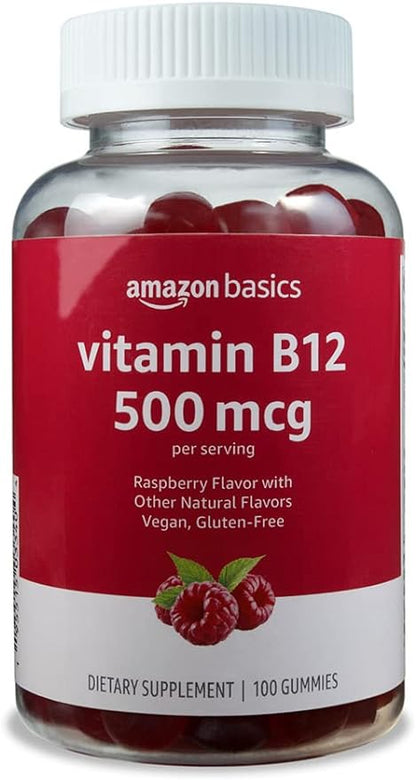 Amazon Basics Vitamin B12 500 mcg Gummies - Normal Energy Production and Metabolism, Immune System Support, Raspberry, 100 Count (2 per Serving) (Previously Solimo)