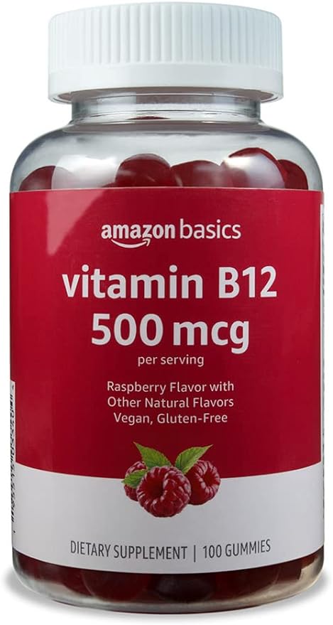 Amazon Basics Vitamin B12 500 mcg Gummies - Normal Energy Production and Metabolism, Immune System Support, Raspberry, 100 Count (2 per Serving) (Previously Solimo)