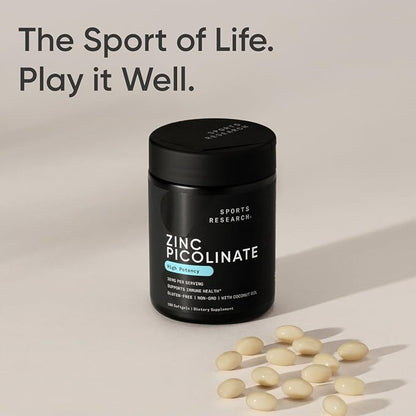 Sports Research High Potency Zinc Picolinate 30mg with Organic Coconut Oil | Highly Absorbable Zinc Supplement for Healthy Immune & Enzyme Function - Non-GMO Tested & Gluten-Free (180 Liquid Softgels)