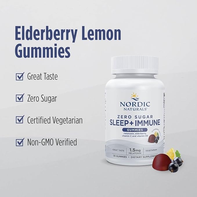 Nordic Naturals Zero Sugar Sleep + Immune Gummies - Elderberry Lemon Flavor - 30 Gummies - 1.5 mg Melatonin for Sleep with Vitamin D3 - Elderberry & Vitamin C Immune Support - 30 Servings