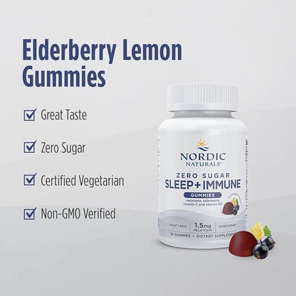 Nordic Naturals Zero Sugar Sleep + Immune Gummies - Elderberry Lemon Flavor - 30 Gummies - 1.5 mg Melatonin for Sleep with Vitamin D3 - Elderberry & Vitamin C Immune Support - 30 Servings