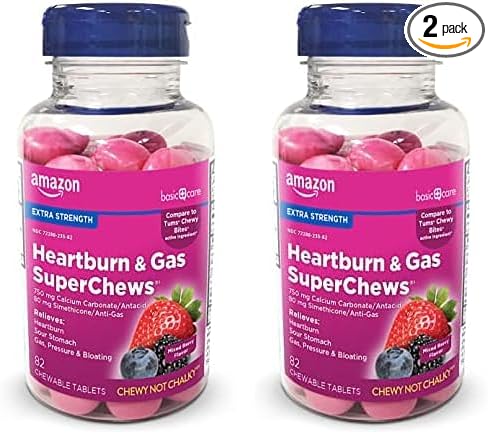 Amazon Basic Care Heartburn & Gas SuperChews Chewable Tablets, Mixed Berry, 82 Count (Previously SoundHealth) (Pack of 2)