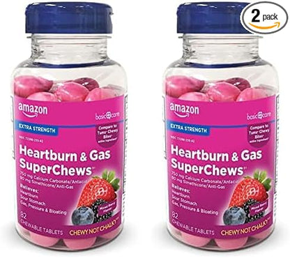 Amazon Basic Care Heartburn & Gas SuperChews Chewable Tablets, Mixed Berry, 82 Count (Previously SoundHealth) (Pack of 2)