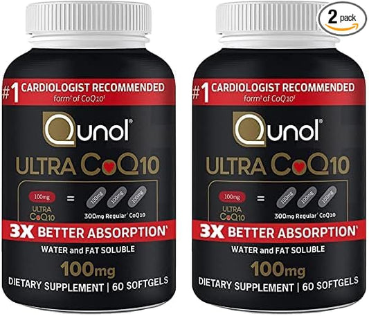Qunol CoQ10 100mg Softgels Ultra 3X Better Absorption Coenzyme Q10 Supplements - Antioxidant Supplement for Vascular and Heart Health & Energy Production - 2 Month Supply - 60 Count (Pack of 2)