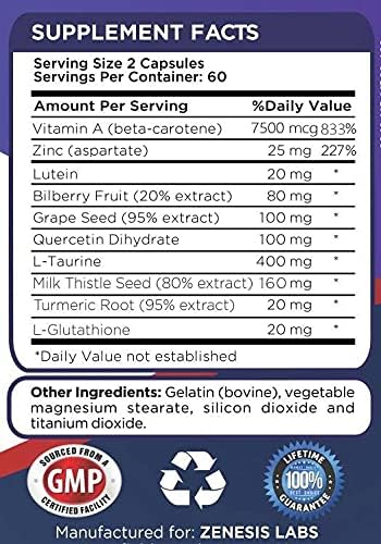 Zenesis Labs Lutein Vision Support - Essential Eye Vitamin - with Bilberry, Beta-Carotene, Zinc, Grapeseed & Other Minerals Bulk 360 Capsules, 180 Day Supply (120 Capsules/Bottle)