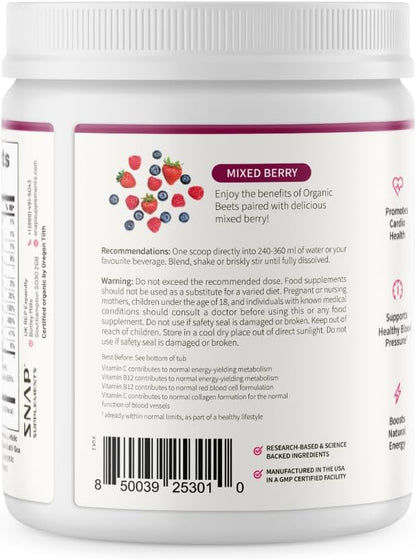 Snap Supplements USDA Organic Beet Root Powder, 3-in-1 Nitric Oxide Supplement, Support Healthy Blood Pressure and Blood Circulation, 250g (30 Servings (Pack of 1), Mixed Berry)