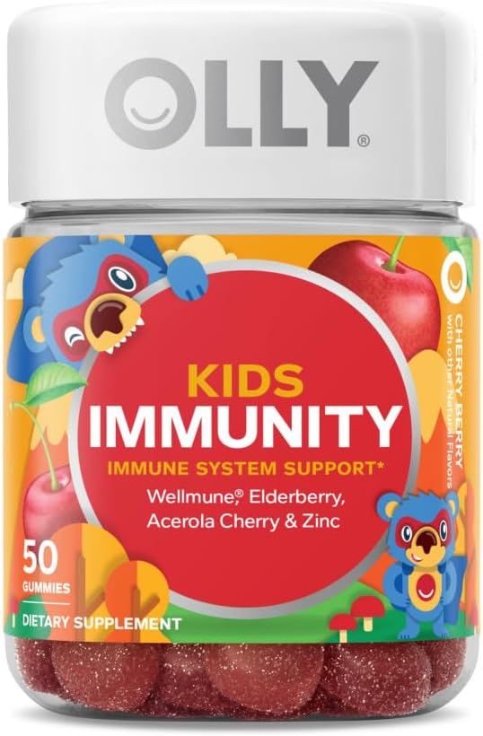 OLLY Kids Chillax, Magnesium Gummies Plus L-Theanine, Lemon Balm & Kids Immunity Gummy, Immune Support, Wellmune, Elderberry, Vitamin C, Zinc, Chewable Supplement, Cherry - 50 Count
