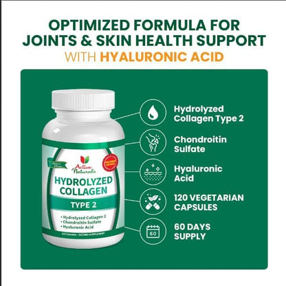 Collagen Type 2 Hydrolyzed Supplement with Chondroitin and Hyaluronic, for Healthy Hair, Skin, Nails, and Joints, No Fillers, Additives, and No Artificial Colors - 120 Vegetarian Capsules