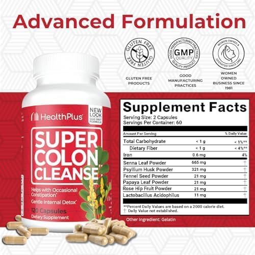 Health Plus Super Colon Cleanse 30 Day Supply of Gentle Gut Cleanse Detox, Psyllium Husk, Probiotics for Constipation Relief & Digestive Support, 120 Capsules