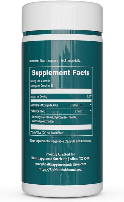 UpNourish Probiotics for GLP-1 Support, 5 Billion TFU Akkermansia Muciniphila for Digestive Health, Leaky Gut, Immunity and Metabolic Health, Prebiotics and Probiotics for Women and Men, 60 Capsules