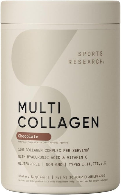 Multi Collagen Protein Powder (Type I, II, III, V, X) with Hyaluronic Acid + Vitamin C | 5 Types of Food Based Collagen, Great in Coffee & Protein Drinks | Non-GMO Verified, 30 Servings (Chocolate)