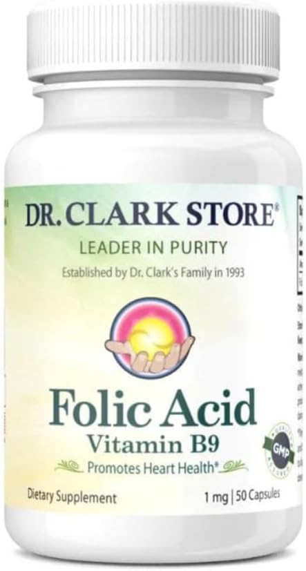 Dr. Clark Folic Acid (Vitamin B9) Supplement – 1mg, 50 Gelatin Capsules, Essential B Vitamin for Daily Health