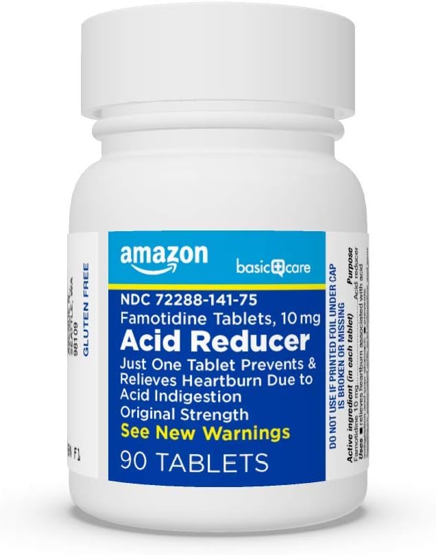 Amazon Basic Care Original Strength Famotidine Tablets, 10 mg, Acid Reducer, Heartburn Medicine, Acid Indigestion Relief, 90 Count