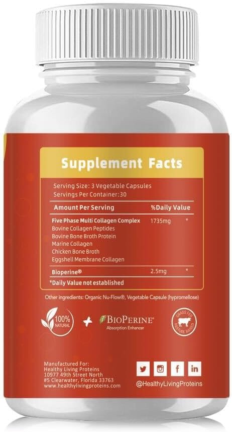 Healthy Living Proteins | Multi Hydrolyzed Collagen Peptides Type I, II, III, V, & X | Ground Beef Grass Fed, Whole Chicken, Egg White Protein | Keto, Paleo, Gluten Free | Capsules (90 Count)