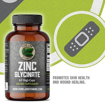 Zinc Glycinate 23 mg Supplement - 60 Vegan Caps by Pure Lab Vitamins - Amino Acid Salt for Healthy Skin & Nails - Supports The Immune System, Prostate, Vision - Made in Canada
