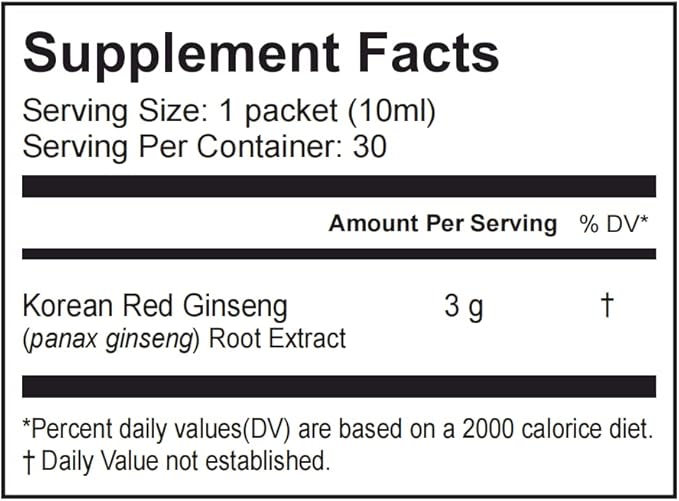 Korean Red Panax Ginseng Extract Liquid Drink, Made in Korea, All Natural 100% Pure Vegetarian Non-GMO Gluten Free, Supports Energy Vitality Mood and Immunity 10 ml x 30 Packets