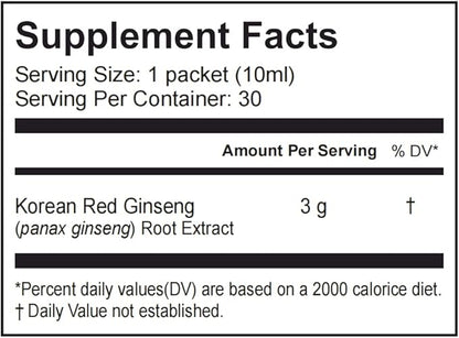 Korean Red Panax Ginseng Extract Liquid Drink, Made in Korea, All Natural 100% Pure Vegetarian Non-GMO Gluten Free, Supports Energy Vitality Mood and Immunity 10 ml x 30 Packets
