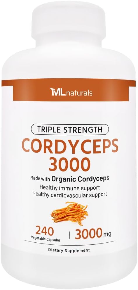 ML Naturals Triple Strength Cordyceps 3000 Made with Organic Cordyceps, 240 Vegetable Capsules. Healthy Immune Support & Cardiovascular Support. Non-GMO
