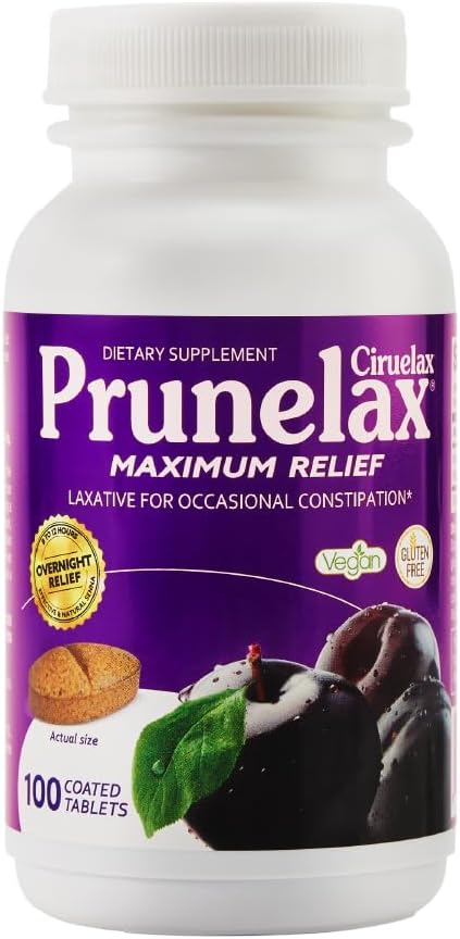 Prunelax Ciruelax Maximum Relief Laxative Tablets with Natural Senna for Occasional Constipation, Senna Extract, Vegan & Gluten-Free, Gentle Overnight Relief - 100ct
