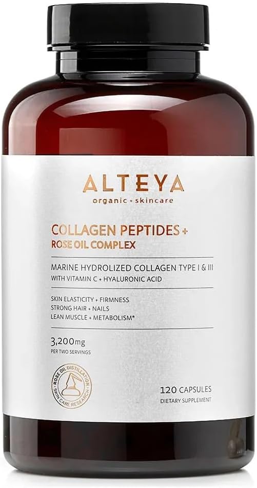 Alteya Organics Collagen Peptides and Rose Oil Complex Dietary Supplement with Marine Hydrolized Collagen Type I & III and Vitamin C + Hyaluronic Acid