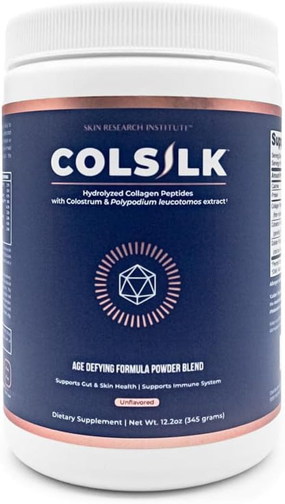 Skin Research Institute ColSilk Collagen Powder Supplement with Collagen, Colostrum, and Polypodium for Skin, Hair, Nails, and Joint Support – One Scoop per Serving – Unflavored (1 Month Supply)