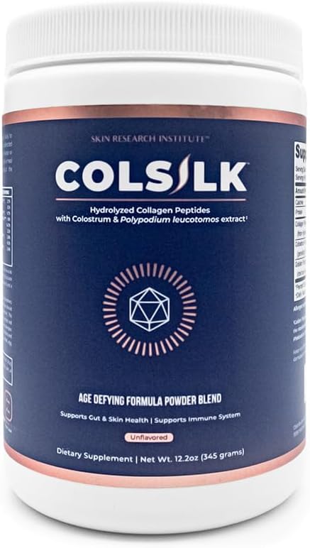Skin Research Institute ColSilk Collagen Powder Supplement with Collagen, Colostrum, and Polypodium for Skin, Hair, Nails, and Joint Support – One Scoop per Serving – Unflavored (1 Month Supply)