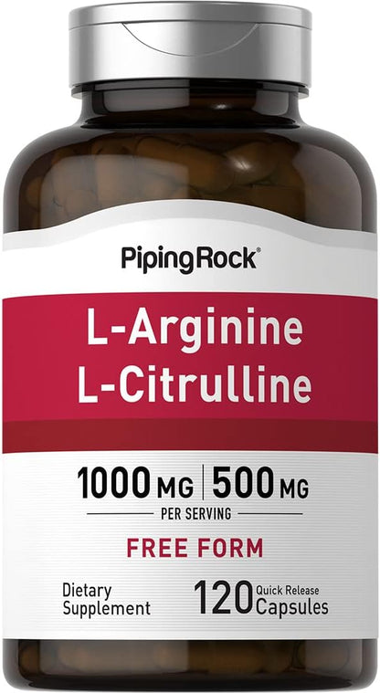 Piping Rock L-Arginine L-Citrulline Supplement | 1000 mg | 120 Capsules | Pre Workout | Free Form | Non-GMO, Gluten Free