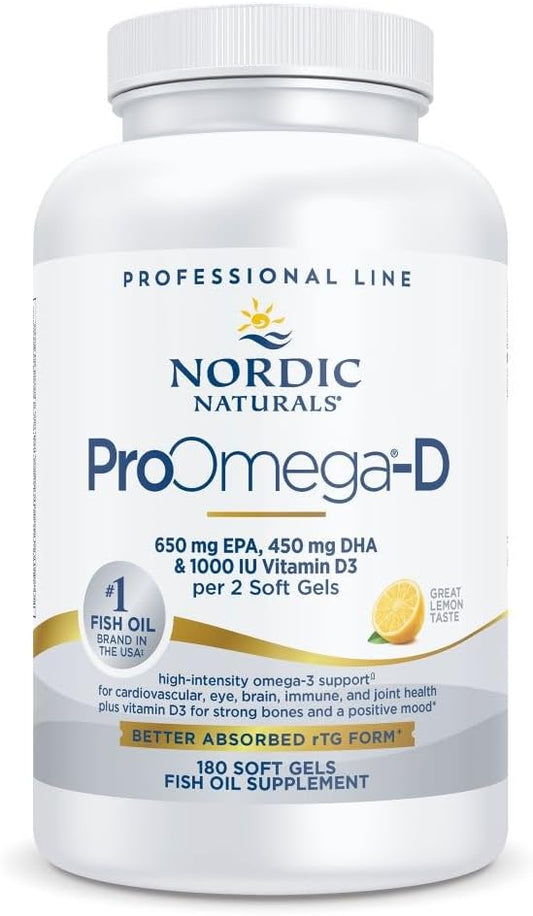 Nordic Naturals ProOmega-D, Lemon Flavor - 180 Soft Gels - 1280 mg Omega-3 + 1000 IU D3 - High-Potency Fish Oil - EPA & DHA - Brain, Eye, Heart, & Immune Health - Non-GMO - 90 Servings