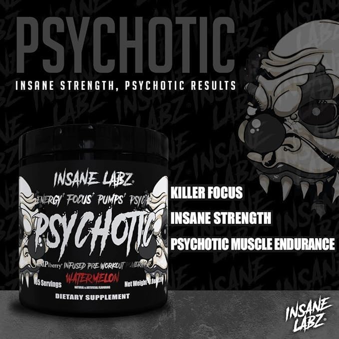 Insane Labz Psychotic Black Edition Mid Stimulant Pre Workout Powder, Energy Focus Pumps, Loaded with Creatine Beta Alanine Taurine Fueled by AMPiberry, Variety 30 Servings