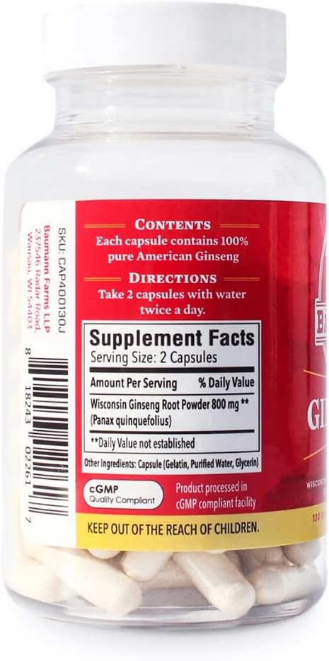 Baumann Wisconsin Ginseng Capsules 130 Pills 400 mg – Pure American Ginseng Root Extract Powder in Each Pill - 100% Natural Panax Ginseng Supplement for Immune Support, Focus and Energy