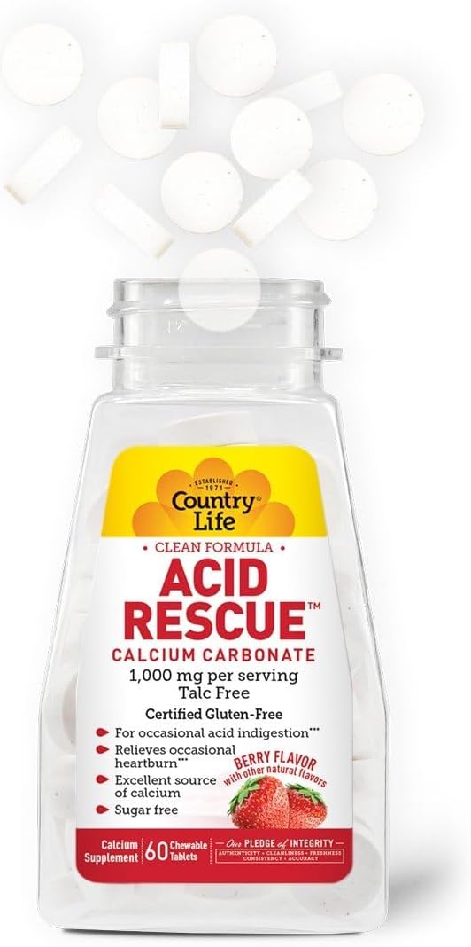 Country Life Acid Rescue Chewable Tablets - Certified Vegan & Gluten-Free Heartburn Relief, 400mg Calcium & Magnesium, Non-GMO, Sugar-Free Berry Flavor, Supports Bone Health, 60 Count