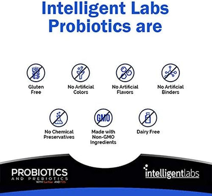 Intelligent Labs 50 Billion CFU Probiotic with Prebiotics, No Refrigeration Needed, with Sunfiber and FOS for 10x More Effectiveness, 60 Days Supply Per Bottle, Third-Party Verified for Purity