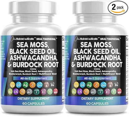 Clean Nutraceuticals Sea Moss Black Seed Oil Ashwagandha Turmeric Bladderwrack Burdock & Vitamin C Vitamin D3 with Elderberry Manuka Dandelion Yellow Dock Iodine Chlorophyll ACV - 2Pack