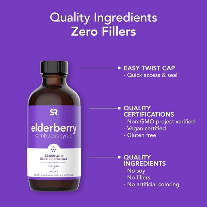 Elderberry Syrup for Adults & Kids Immune Support - High Flavonoid - Non-GMO, Vegan - Equivalent to 12,000mg of Black Elderberries per Serving (4oz Glass Bottle)