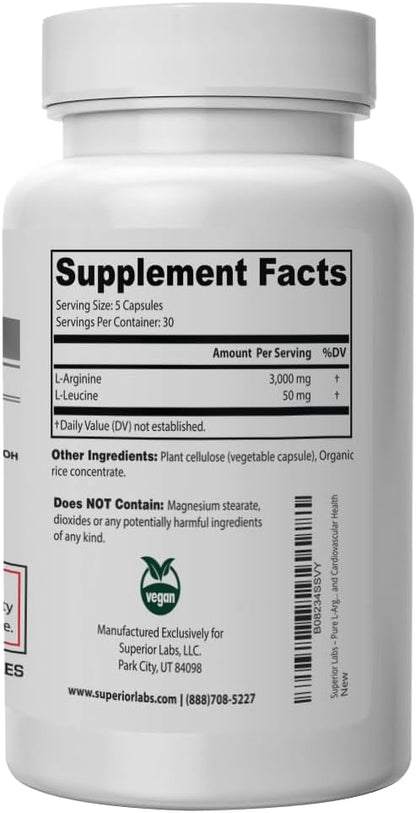 Superior Labs – Pure L-Arginine – Free Form – Optimal 3,000mg Dosage – 150 Vegetable Capsules – Supports Vasodilation, Energy Production and Cardiovascular Health