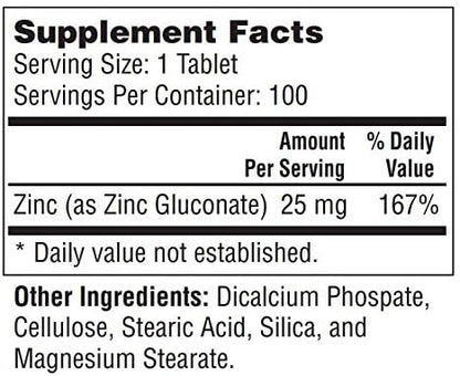 Zinc (as Zinc Gluconate) 25 mg, 100 Mini Size Easy to Swallow Tablets – Immune Support, Essential Mineral Antioxidant, Healthy Living, Gluten Free, cGMP Compliant, Made in USA