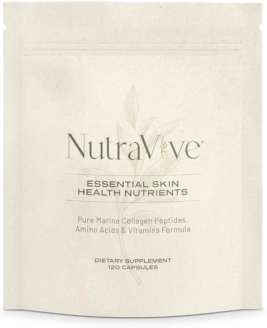 NutraVive Essential Skin Health Nutrients – Hydrolyzed Morikol® Marine Collagen Peptides, Amino Acids & Vitamins - Promote Firm, Reduce Wrinkles & Enhance Skin Elasticity - 120 Capsules