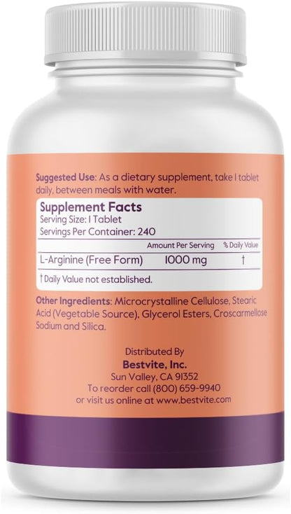 BESTVITE L-Arginine 1000mg (480 Tablets) (240 x 2) containing 20% More Pure L-Arginine as Compared to L-Arginine HCL Products