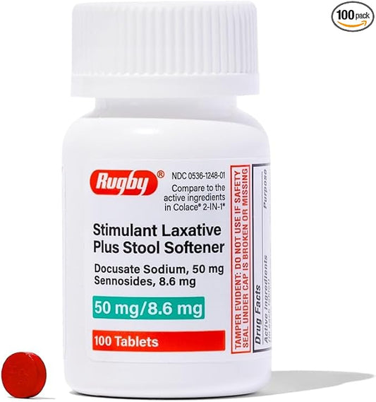 Rugby Stimulant Laxative Plus Stool Softener Docusate Sodium 50 mg/Sennosides 8.6 mg - Laxative Tablets for Occasional Constipation Relief - Stool Softeners for Women, Men, and Kids - 100 Tablets