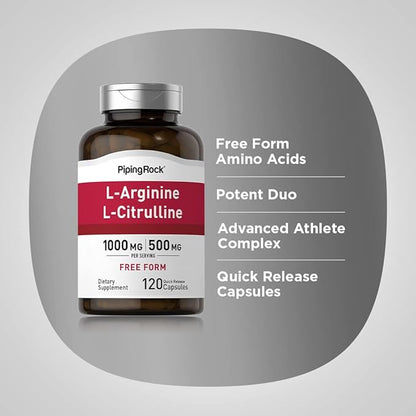 Piping Rock L-Arginine L-Citrulline Supplement | 1000 mg | 120 Capsules | Pre Workout | Free Form | Non-GMO, Gluten Free