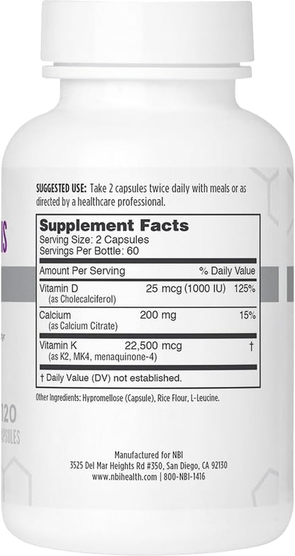 Osteo-K Bone Support - Mini | Vitamin D & K Complex with Calcium Citrate Supplement | 45mg Vitamin K2 (MK4) for Strong Bone Health & Function | 120ct Veggie Capsules