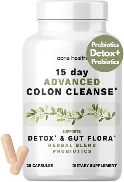 15 Day Advanced Colon Cleanse, Probiotics & Natural Herbs, Supports Detox & Gut Flora for Women & Men, with Cascara Sagrada, Psyllium Husk & Senna Leaf, 30 Capsules 1-2 Daily | 15 Day Cleanse