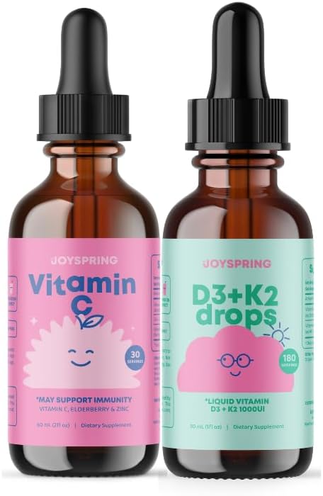 JoySpring Vitamin C + Elderberry Drops + Zinc Supplements for Kids Immune Support and Vitamin D Drops for Immune Support & Heart Health