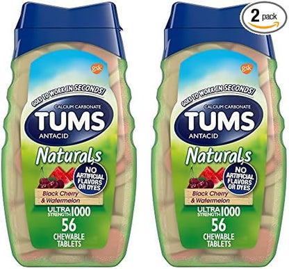 TUMS Naturals Ultra Strength Antacid Chews for Heartburn Relief, Black Cherry & Watermelon - 56 Count (Pack of 2)